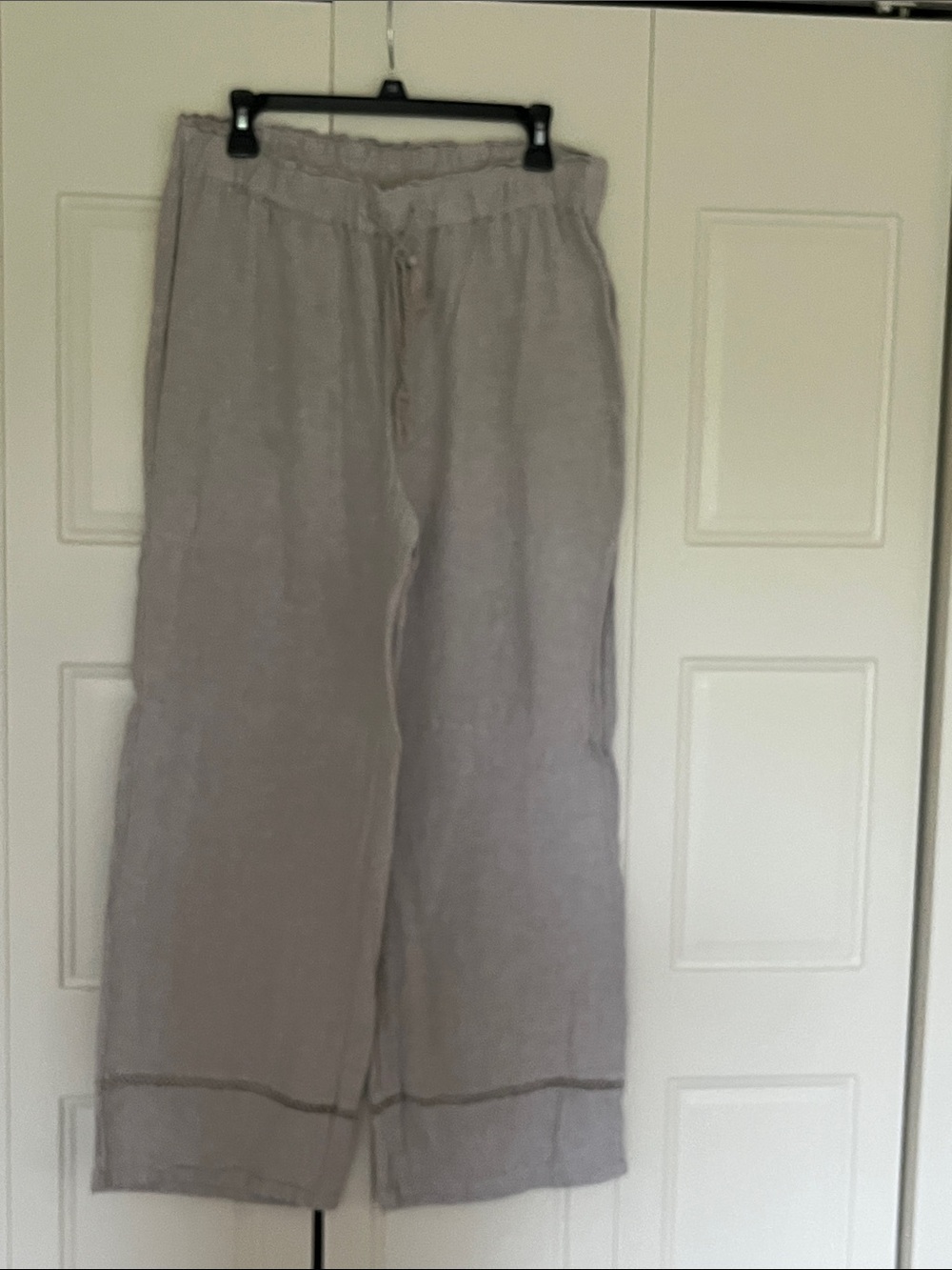 Light Taupe Linen Wide-Leg Drawstring Pants